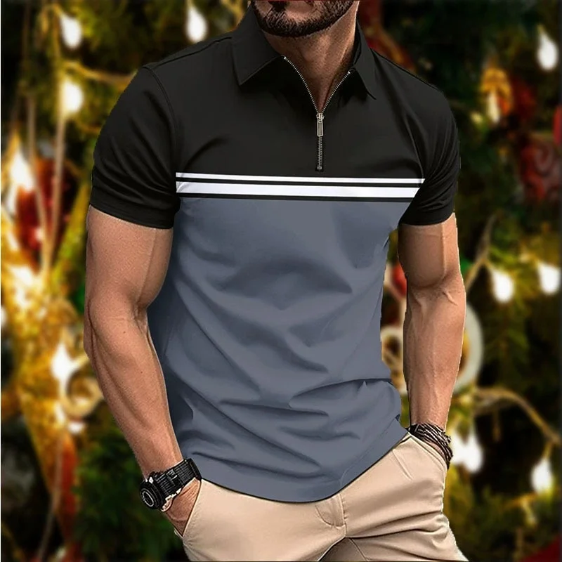 

Men's summer patchwork v-neck stylish slim-cut front-striped men's T-shirt polo shirt casual camping sho.rt-sleeved shirt