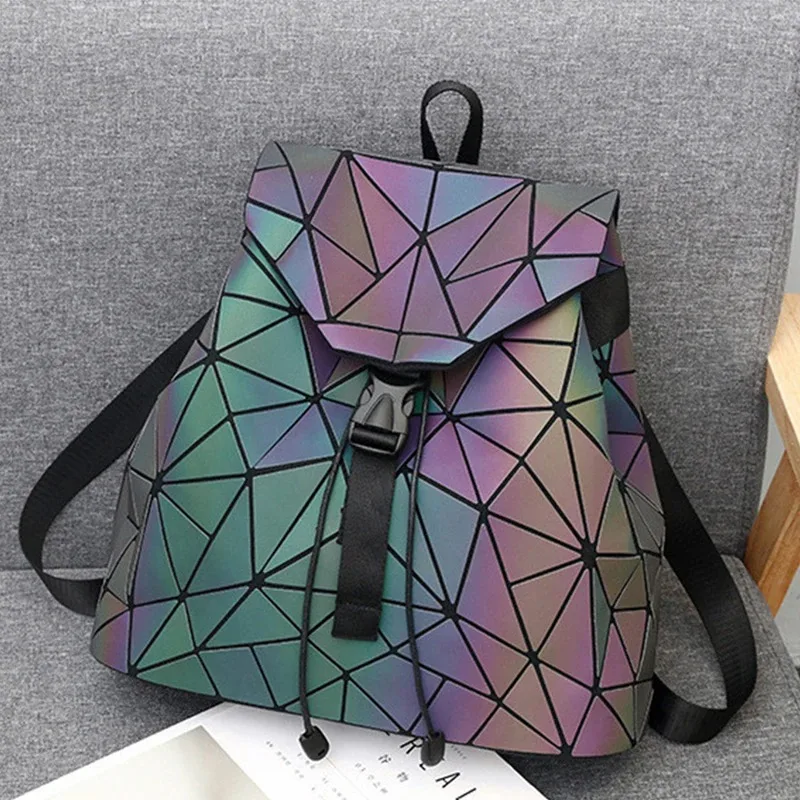 Fashion Luminous Women backpack Drawstring folding backpack Triangle Sequin Backpack for Reflective strip Female student bag