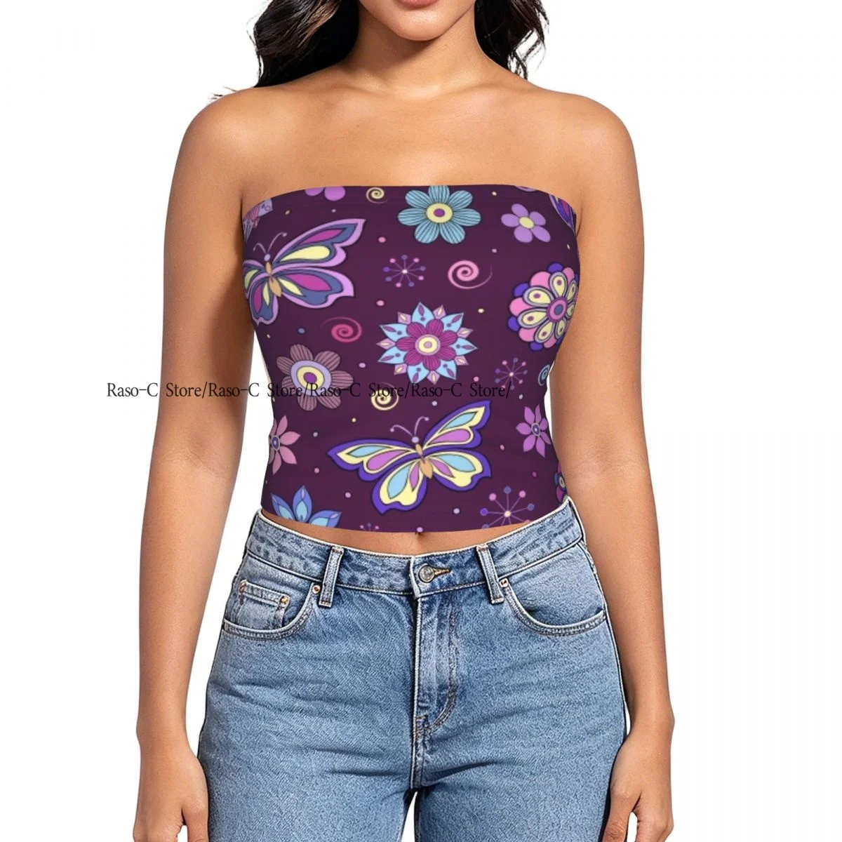 Women's strapless halter top Vortex Shapes Polka Dots Background Flower Pattern summer sexy short-sleeved top