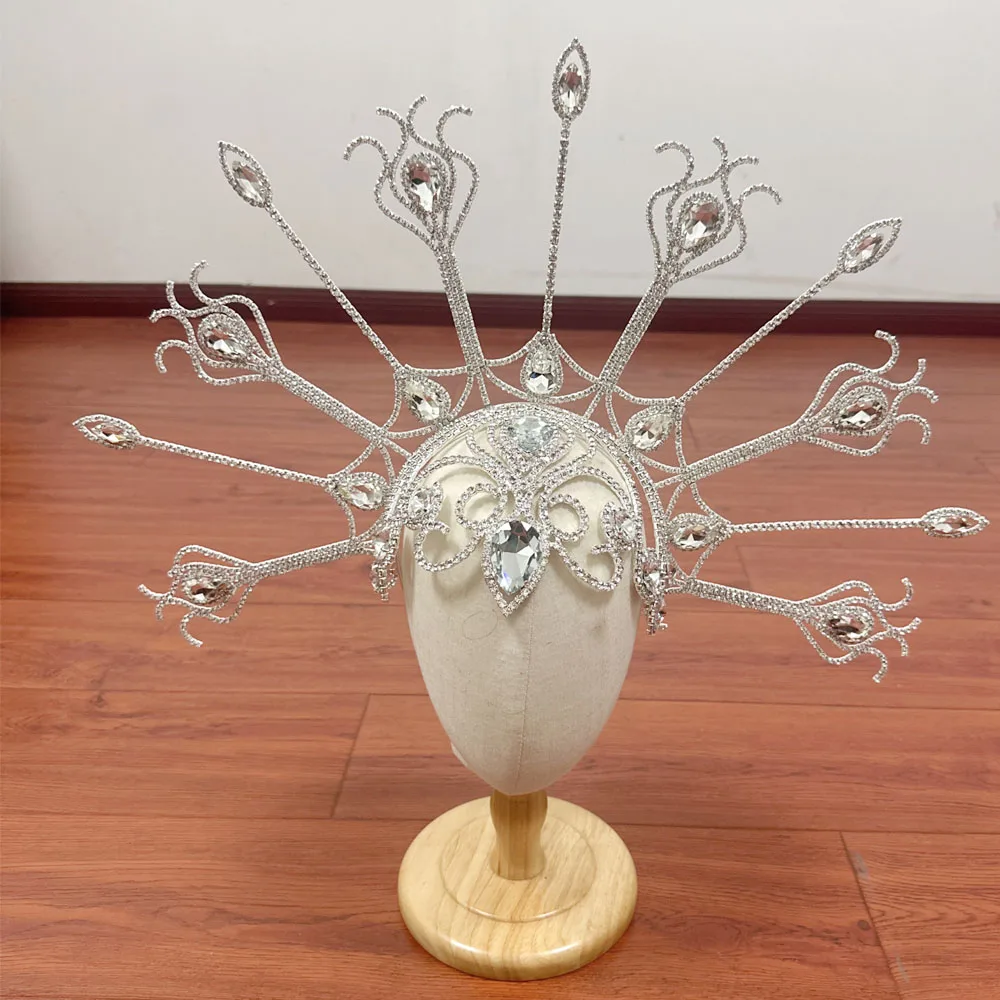CUIER Huge Size Peacock Rhinestone Headpiece Hair Jewelry for Women Crystal Hat Accessories for Fashion Show