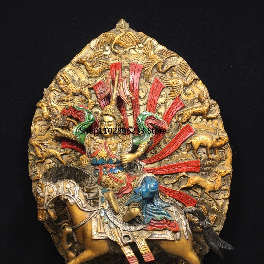 Nepal Tibetan brass gilt painted lion riding beast King Gesar antique offering ornament Buddhist hall supplies 35cm