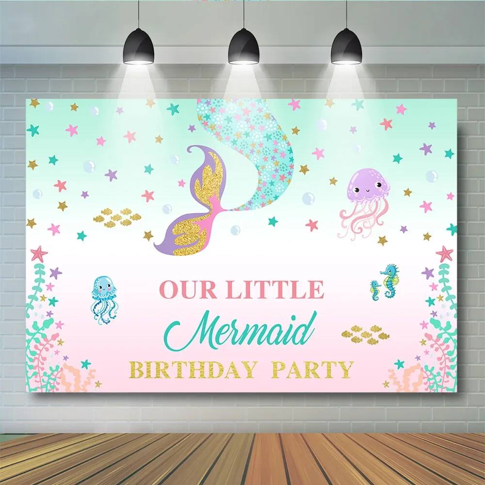 

Little Mermaid Birthday Party Photography Backdrop Baby Shower Under The Sea Fish Star Seahorse Backgrounds For Photo Studio