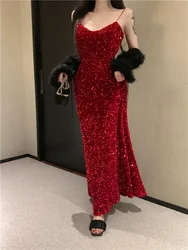 Sexy Dress for Women Vintage Velvet Sequin V-neck Sparkling Evening Dress New Slim Wrap Mermaid Party Dresses Midi Red Vestidos