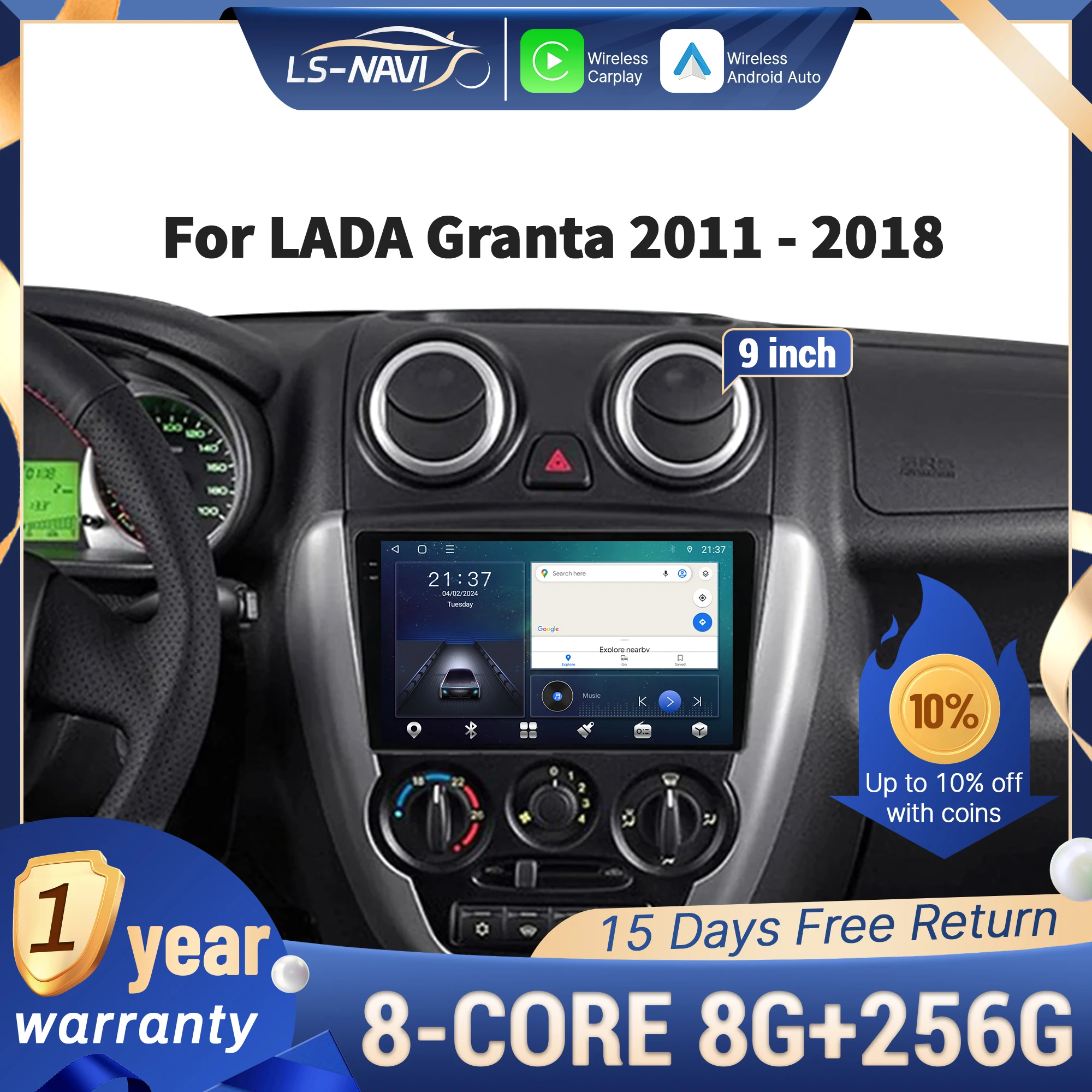 For LADA Granta 2011-2018 CarPlay Car Radio GPS Wireless Multimedia Navigation 4G Touch Head Unit Stereo Screen for Vehicle