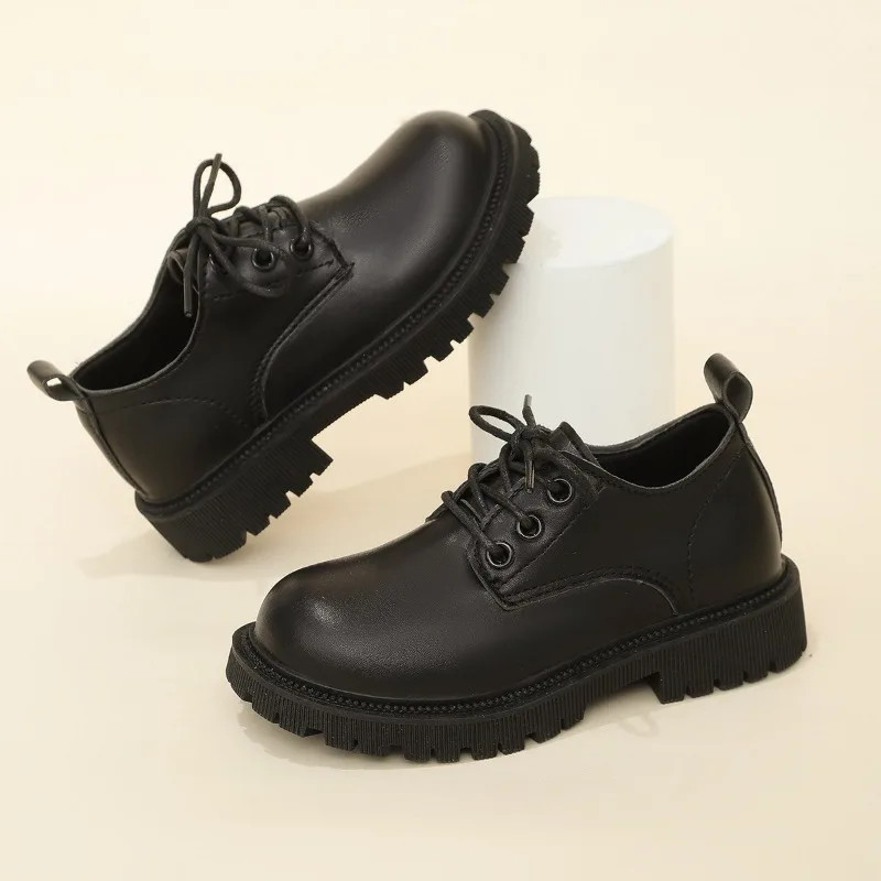 Kids Boys Girls Patent Leather Lace-up Shoes Thick Platform Sole British Style School Performance Casual Daily Footwear Black