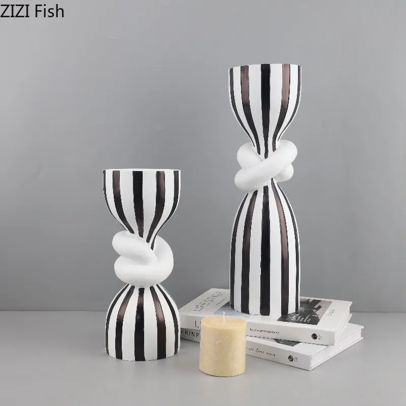 

Black and White Striped Candle Holder Resin Ornaments Living Room Decoration Home Accessories Crafts Candleholder Candle Base