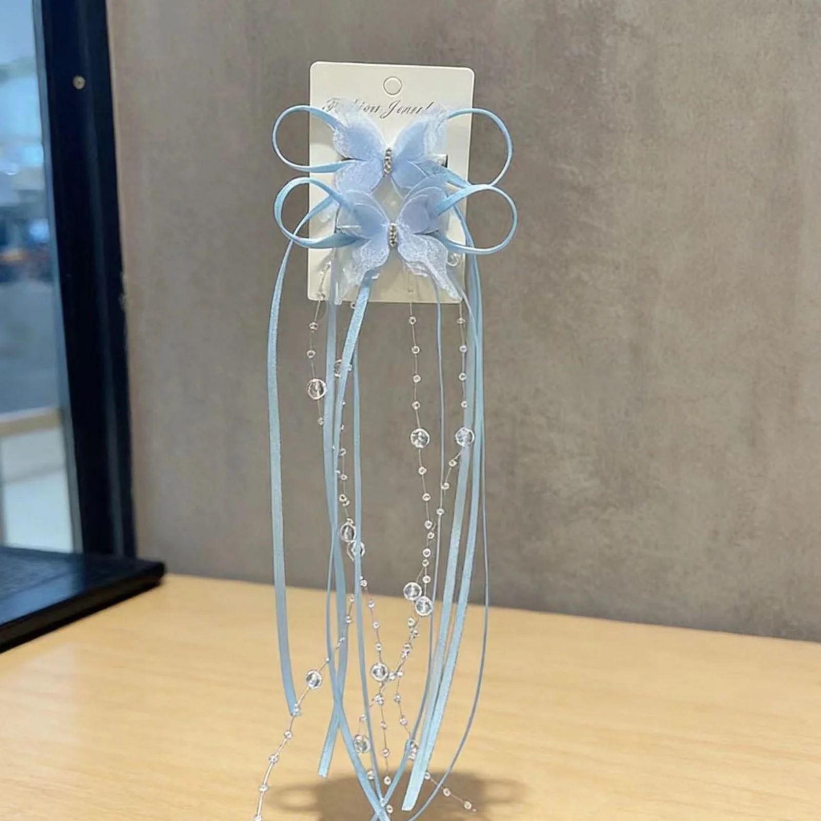 2 Stück elegante Tüll-Schmetterlings-Haarspangen mit Quastenperlen für Frauen und Mädchen, Feenhaar-Accessoires für Hochzeit, Party, Alltag – Detail 2
