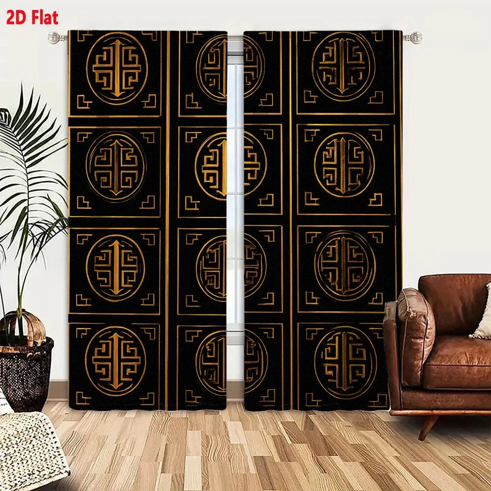 2Pcs Curtains 2D Flat Gold Ornate Square Tile With Black Background And Intricate Symmetrical Geometric Pattern Window Drapes fo