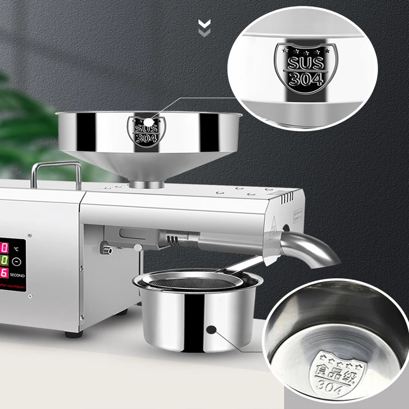 110 فولت/220 فولت النفط الصحافة بذور الكتان الفول السوداني الطحينة النفط الصحافة 3-5 كجم/ساعة الفولاذ المقاوم للصدأ التحكم في درجة الحرارة بذور اللفت الزيتون النازع