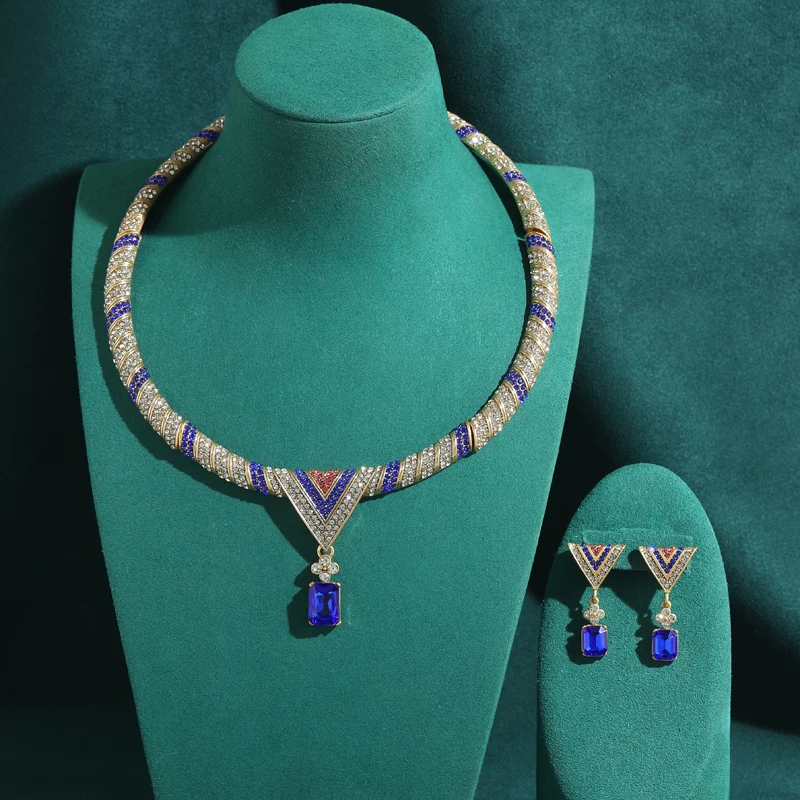 Vintage Blue and White Zircon Jewelry Sets Rhinestone Antique Gold Plated Inverted Triangle Luxury Necklace Earring Designer New