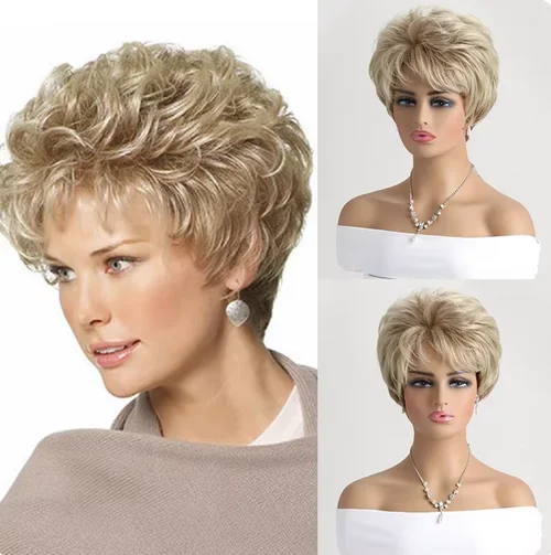 Mixed Gold Natural Synthetic Wigs For Women 10 Inch Short curly Wig Daily Party Heat Resistant Hair