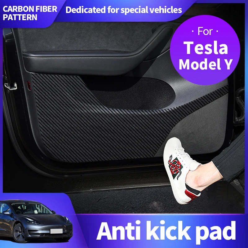 Car Door Anti Kick Pad For Tesla 2021 2022 Model  Y Leather Carbon Fiber Protection Film Protector Stickers Trim Accessories