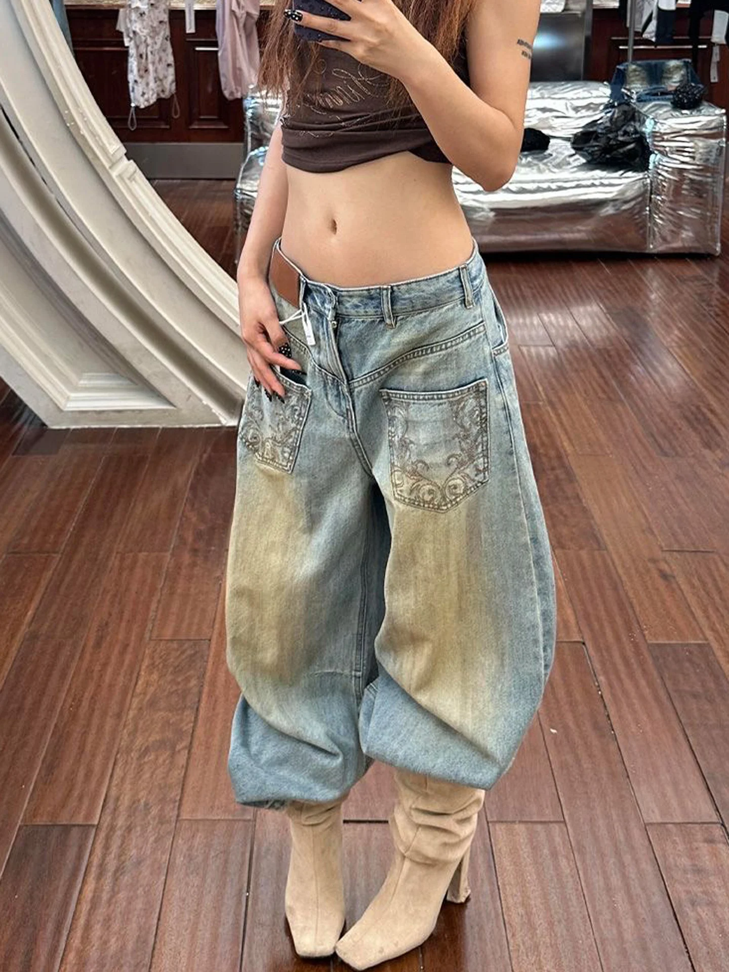 American Retro Embroidered Denim Jeans Women's Autumn Weathered Mud Dye Reverse Pocket Floor-Length Pants Low Waist Wide Leg