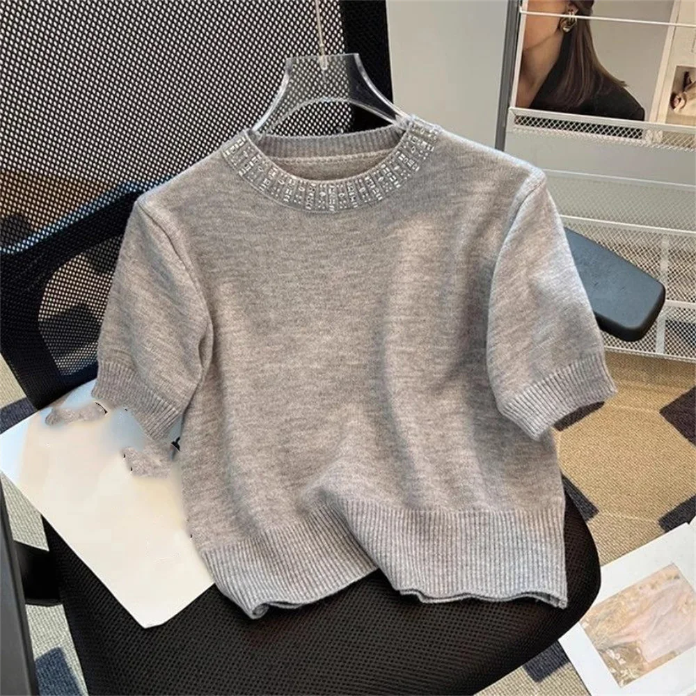 

Gray Diamonds Decoraction Women's Knitted Pullover Sweater Casual Round Neck Short Sleeve Loose Knitwear Elegant Lady Summer Top