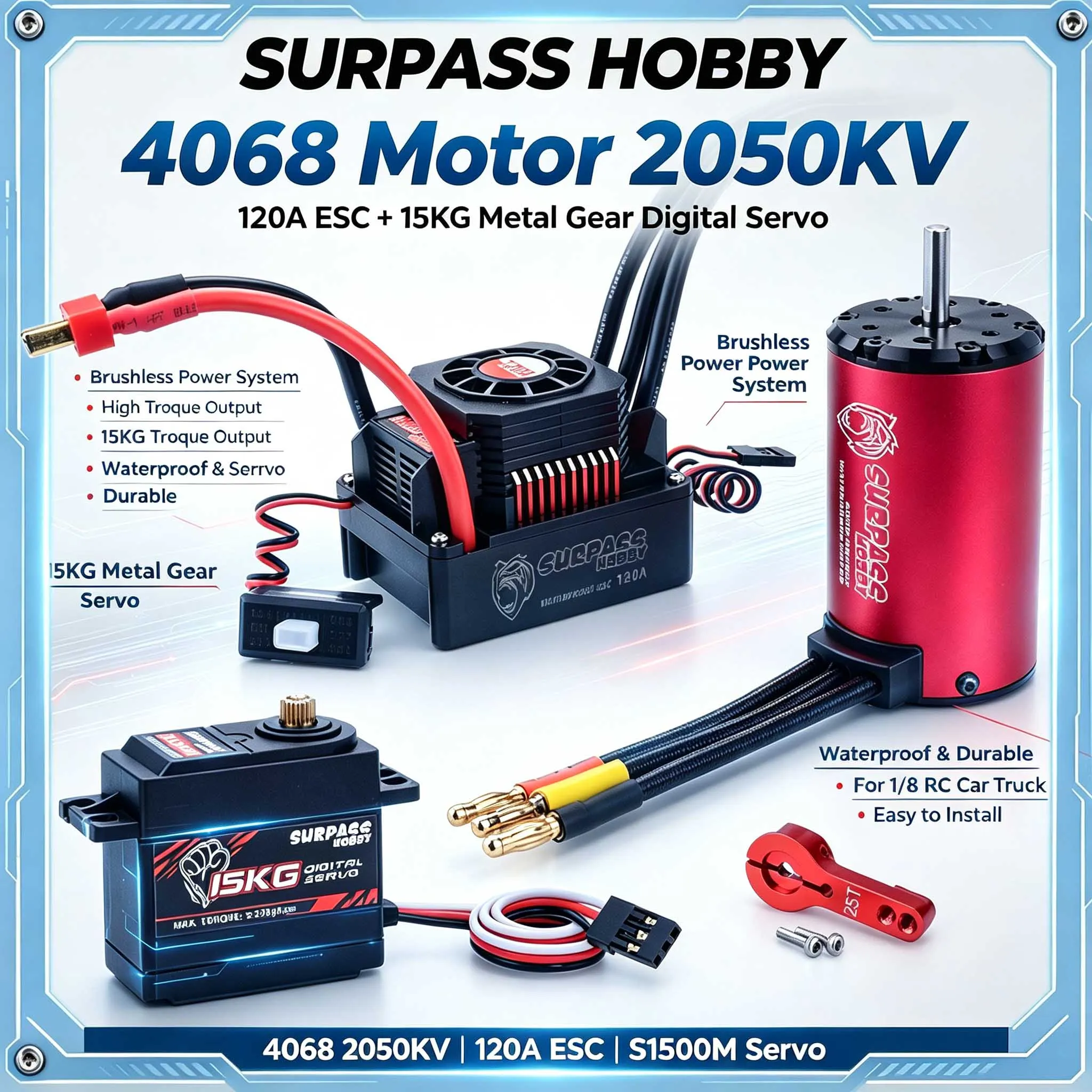 Бесколлекторный двигатель SURPASS HOBBY 4068 2050KV, водонепроницаемый ESC KK 120A, цифровой сервопривод S1500M с металлическими шестернями (15 кг) для радиоуправляемых автомобилей и грузовиков масштаба 1/8.