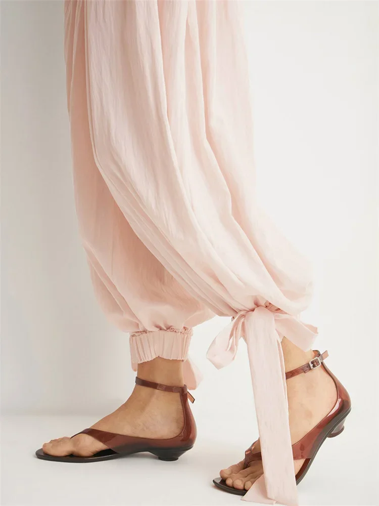 Casual Lace-Up Wide Leg Trousers For Women See-Through Loose High Waist Solid Autumn Flared Trousers Women's Pants 2025