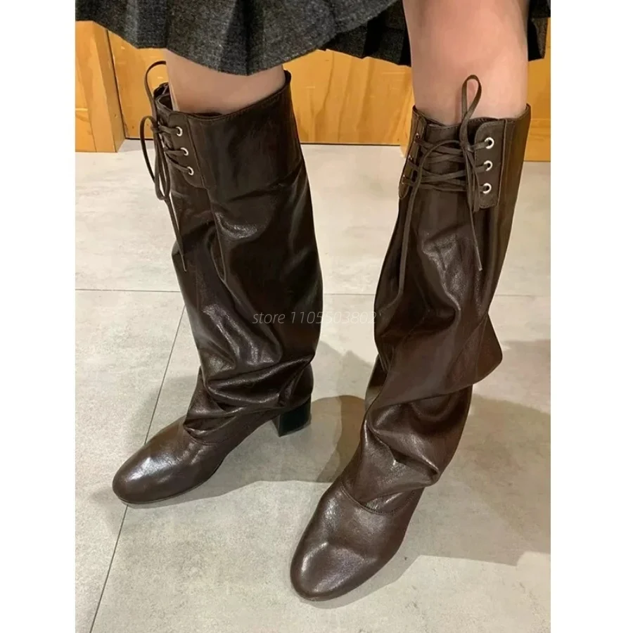 Women Black Brown Leather Ruched Knee High Boots Round Toe Lace Up Chunky High Heel Slouchy Stacked Boots Combat Western Boots view 3