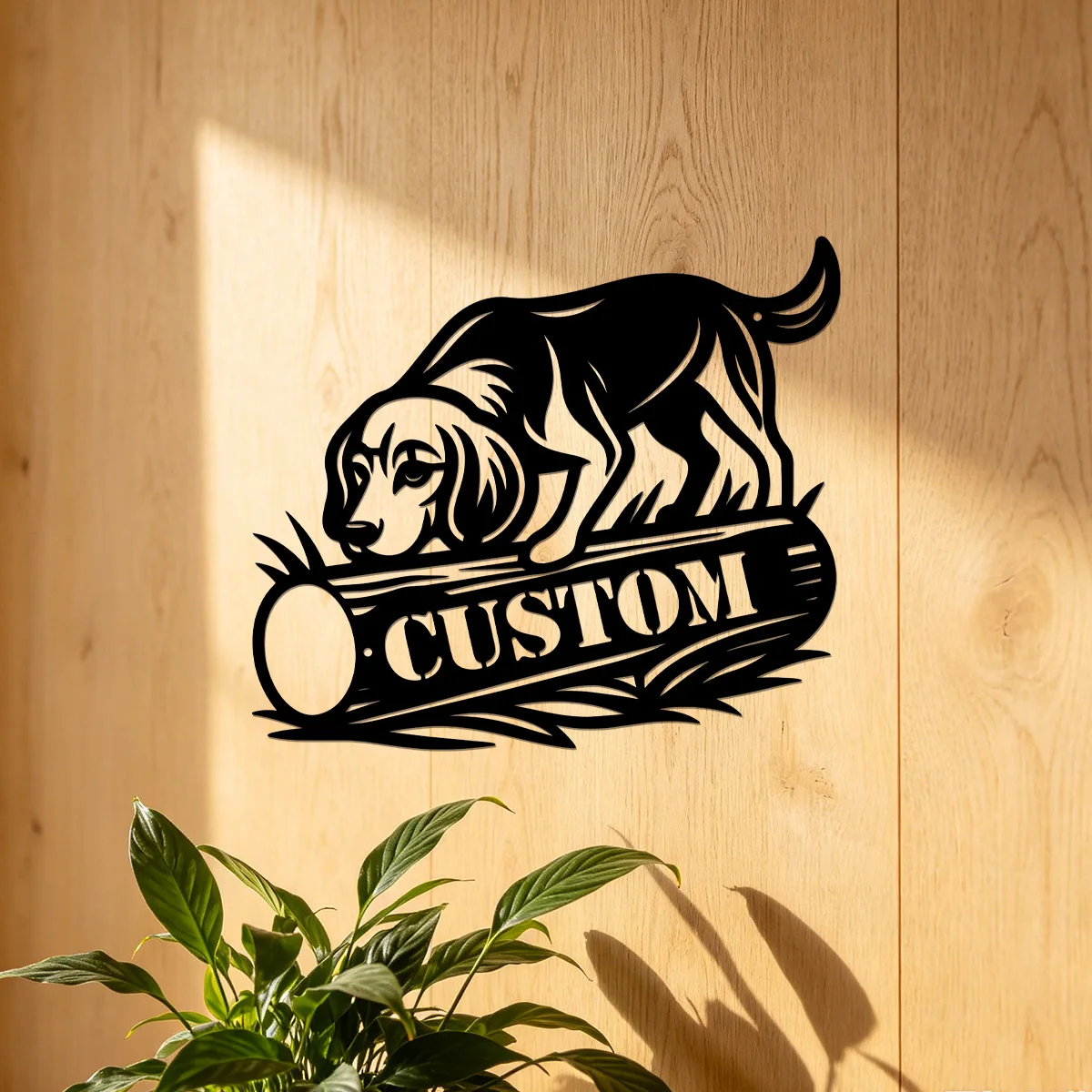 Dog Sniffing Log Grass Metal Sign, Custom Dog Wall Art Personalized Name Plaque, Outdoor Decor Dog Lover Gift Garden Hanging Art