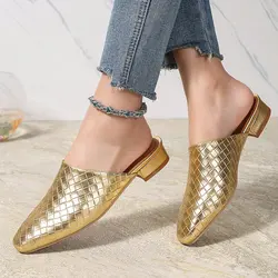 Shimmery Metallic Gold Silver Closed Toe Women Summer Outdoor Slippers Low Chunky Heels Slides Sandals Ladies Casual Mules