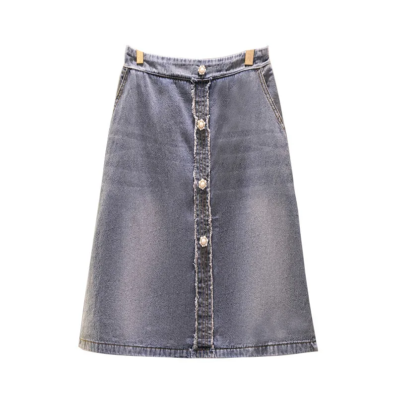 150Kg Plus Size Women\'s Summer Loose Elastic Waist Denim One Step Hip Skirt Hip 154 Back Hem Slit Skirt Blue 5XL 6XL 7XL 8XL 9XL