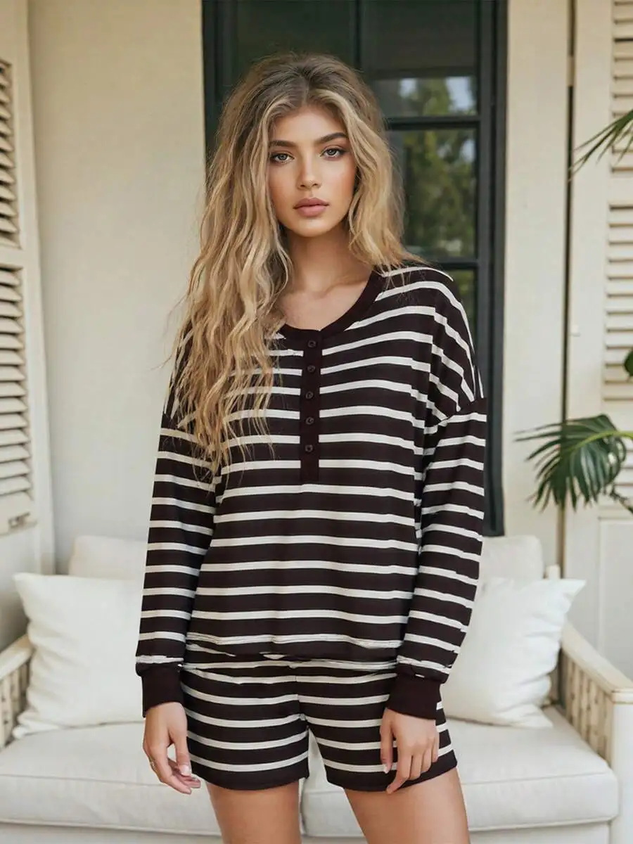 

Women Striped Long Sleeve Top And Shorts Set Elastic Waist Summer Outfit