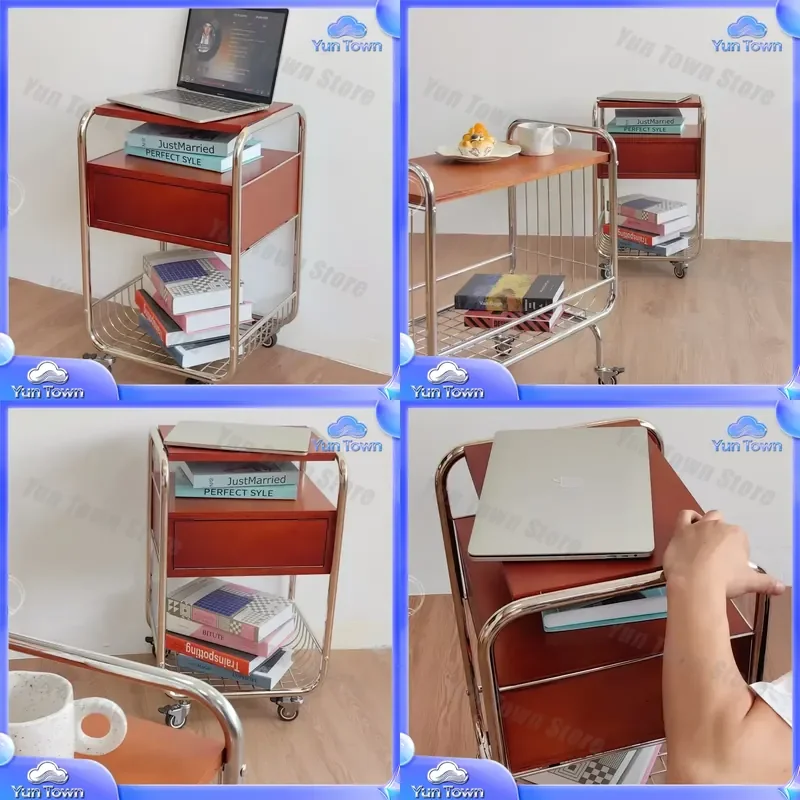 Nordic Cherry Wood Bedside Table for Medieval Style Home Decor Trolley with Stainless Steel Marine Grade Frame Movable