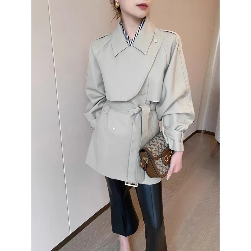 

Women'S Short Trench Coat Beige Small Blue Cinching Overcoats Stand-Up Cinch Workwear Medium-Length Waist-Fitted Ladies' Tie-In