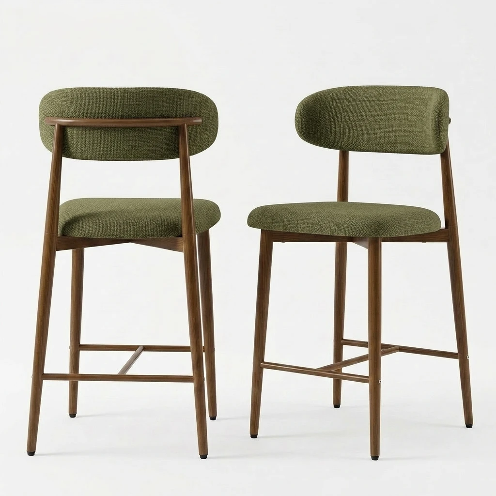 Set of 2 Green Upholstered Counter Height Bar Stools Modern Metal Legs Kitchen Island Dining Chairs