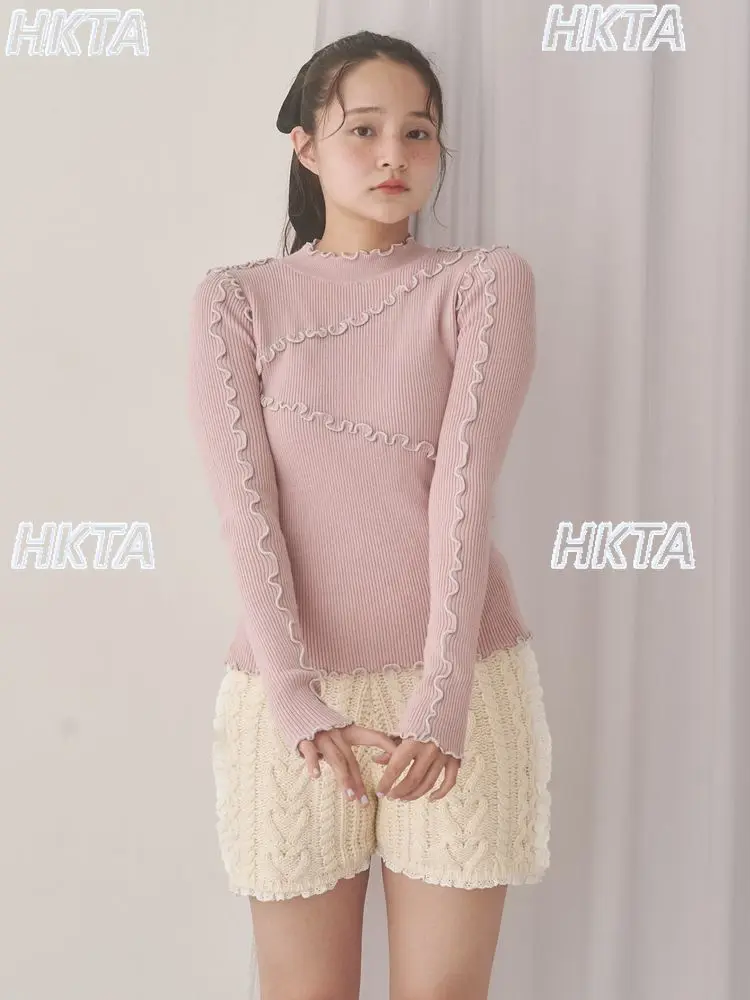 

Japanese Style New Sweet Girl Ruffled Patchwork Half Turtleneck Sweater Pullover Autumn New Elastic Slim Fit Black Knitted Shirt