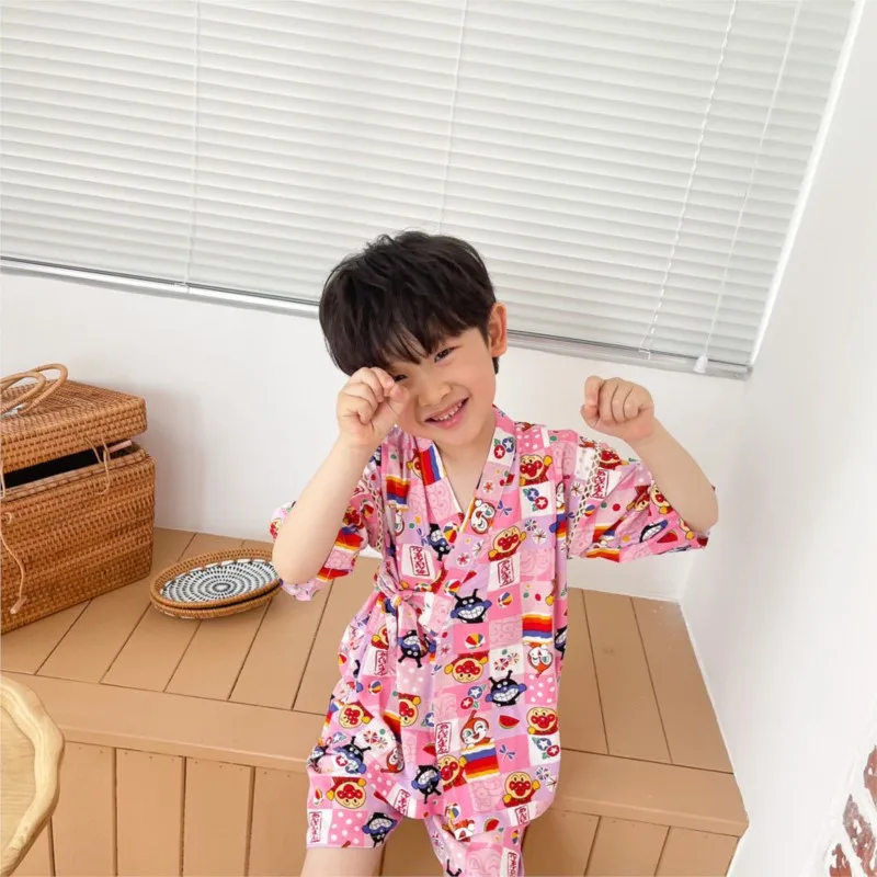 2022 New children\'s Cartoon Printed Sleepwear 2 pezzi cotone Kimono giapponese Yukata Set Homewear manica corta per bambini LC959