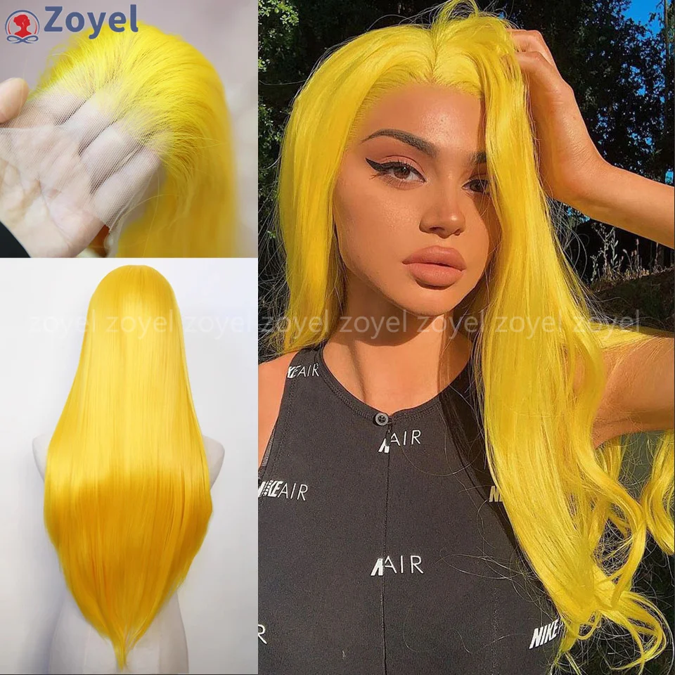 

13*4 желтый длинный прямой синтетический парик спереди, предварительно выщипанный парик из термостойкого волокна, подходит для модных женщин