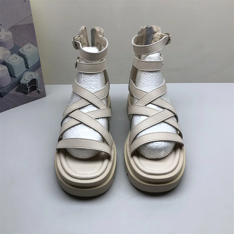 

Comfortable Real Leather Roman Sle Women's Sandals High Zipper Ba Platform Casual Vintage oes for Young Women