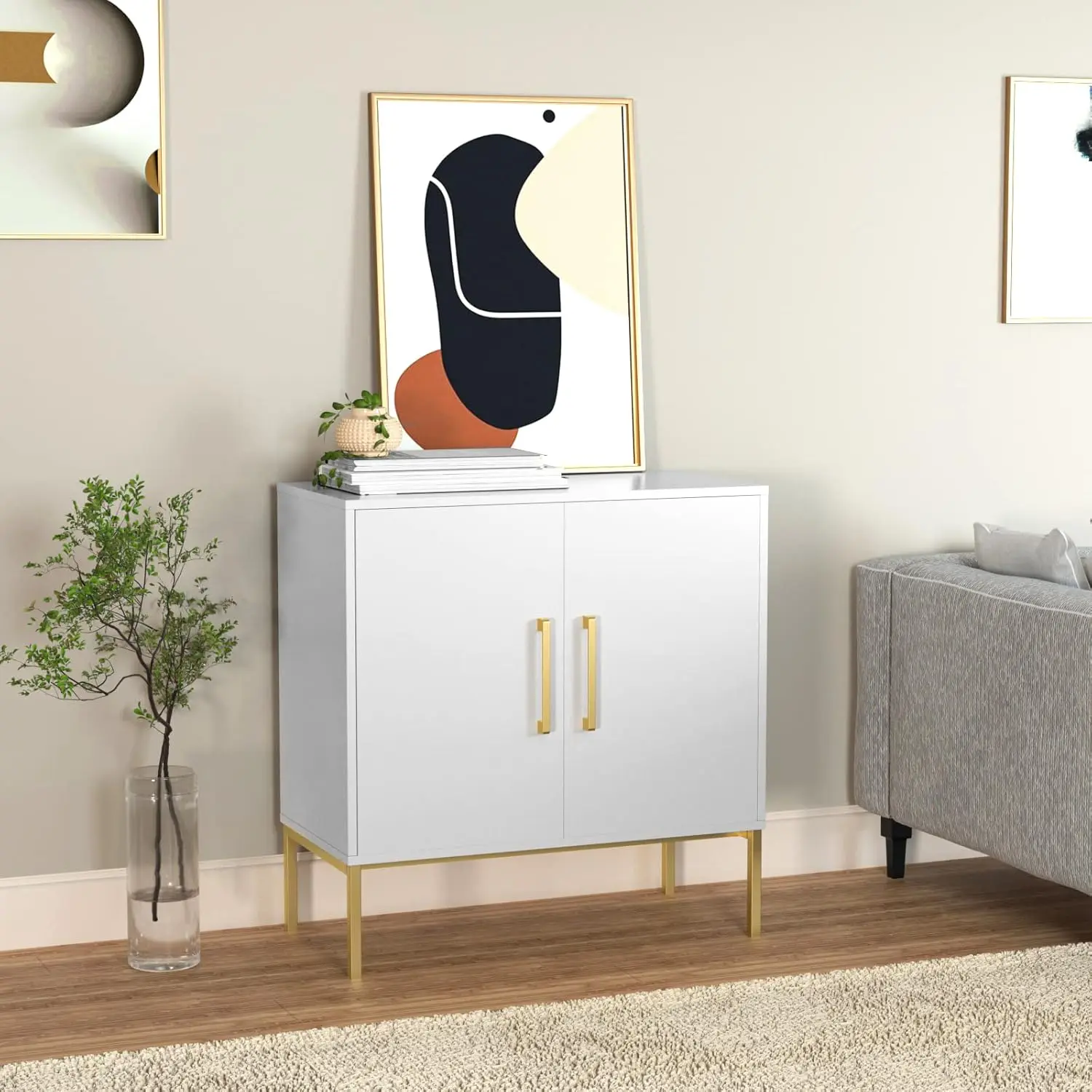 Buffet-Sideboard-Schrank mit Stauraum, moderner freistehender Holzschrank mit verstellbaren Regalen, weiße und goldene Schränke für