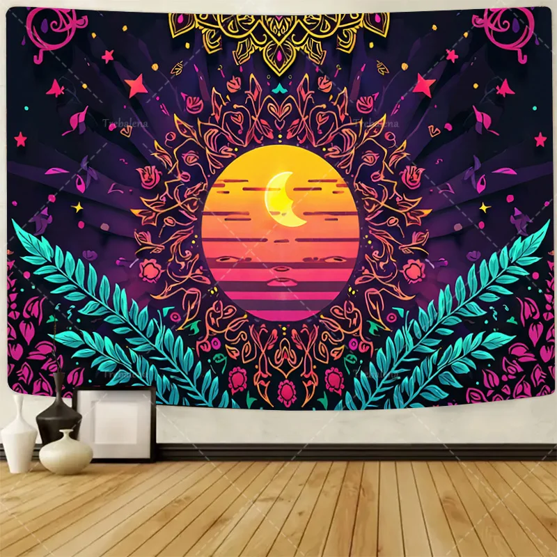 

1 шт. настенный гобелен в стиле бохо с закатом и полумесяцем и цветочным дизайном для декора стен