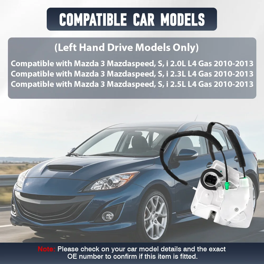 Power Front Left Door Lock Actuator Latch for Mazda 3 Mazdaspeed, S, i 2.0L 2.3L 2.5L L4 Gas 2010 2011 2012 2013