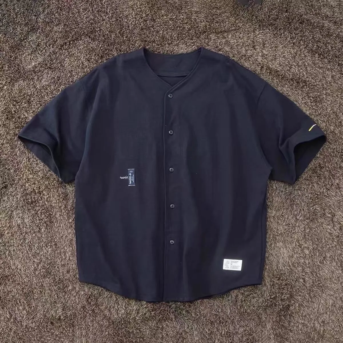 

2026 New Men's Short Sleeve Casual Shirt Loose Fit Summer Trendy Brand Baseball Style Open Cardigan Polyester Fiber round Neck
