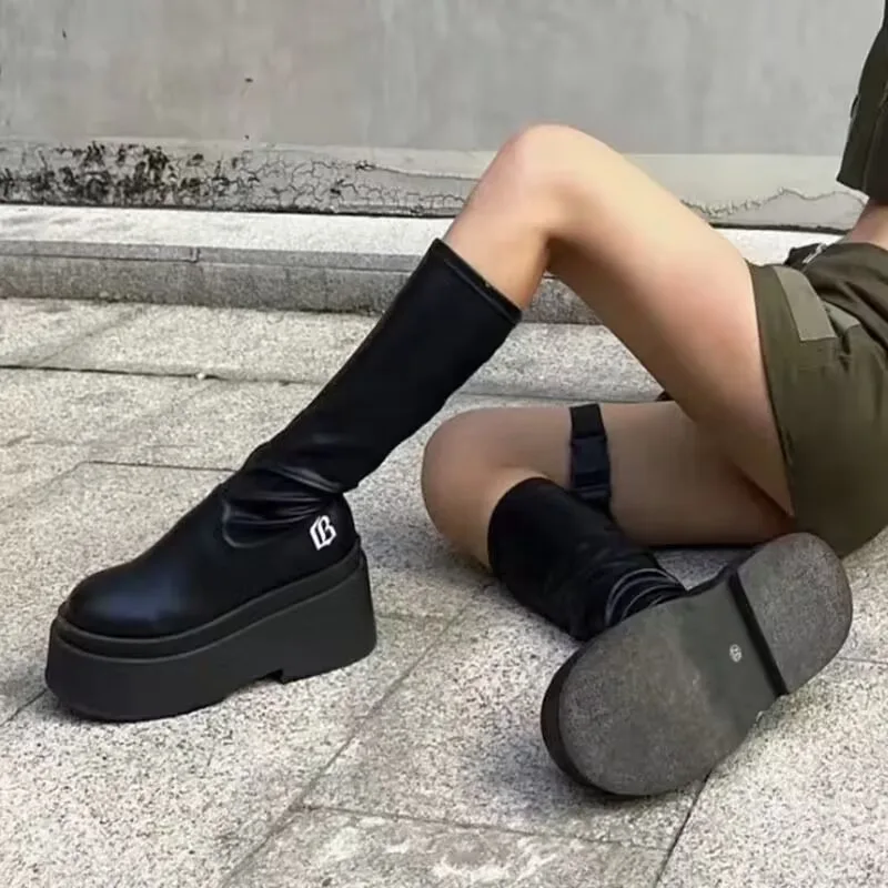 Botas hasta el muslo con cuña para mujer, botines hasta la rodilla con plataforma, color negro, estilo Punk, a la moda, otoño e invierno, 2023