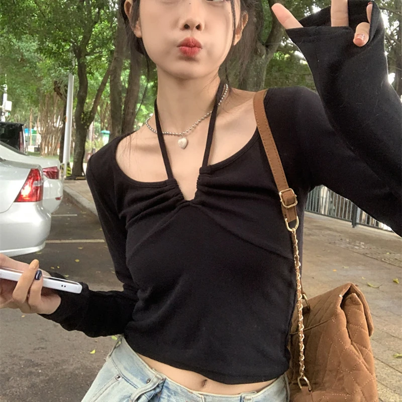 V-neck Women's Tops Solid Color Fashion Slimming Halter Long Sleeve T-shirts Korean Style Autumn Casual Daily Basics Tees Female