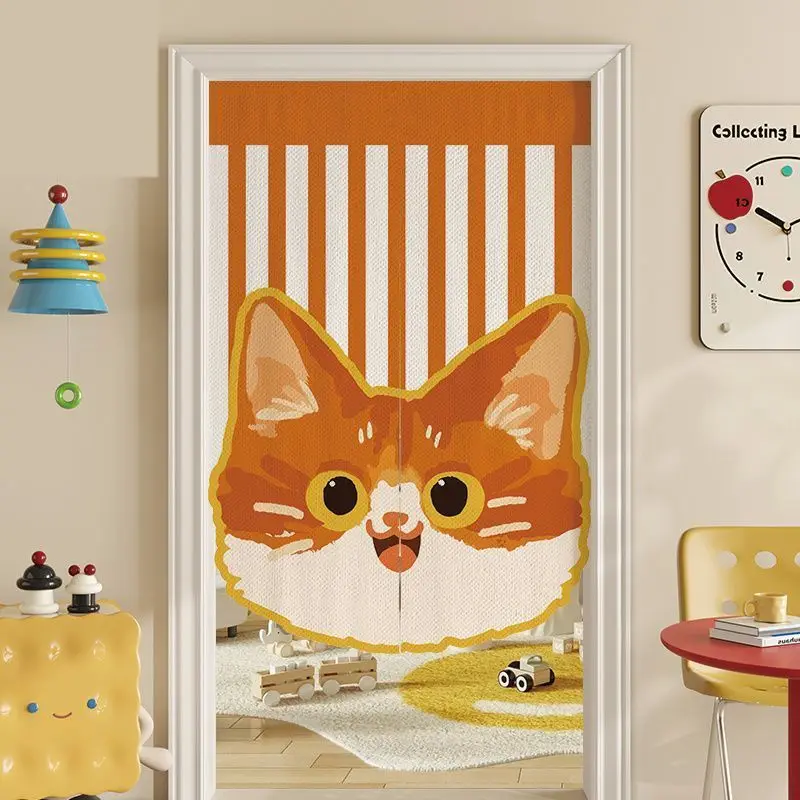 Cartoon Orange Cat Door Curtain Orange White Non Punching Children's Room Entrance Privacy Partition Curtain