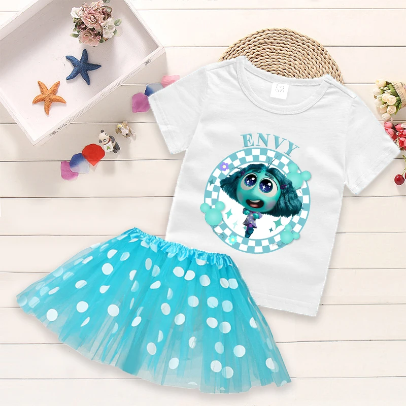 Disney Inside Out 2 Girls Short Sleeve T-shirt Cartoon Cute Skirt Children Anime Printed Tops Casual Skirts Summer Kids Clothes