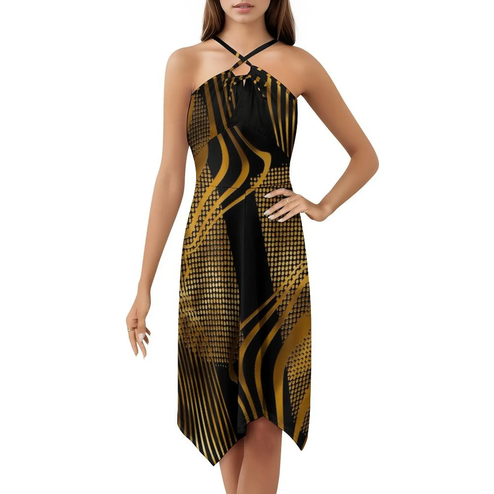 فستان بوهو شيك مطبوع مخطط ذهبي تجريدي أنيق لحفلات الزفاف على الشاطئ، فستان تجريدي ذهبي أسود ذهبي مخطط