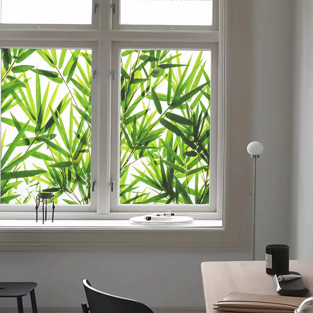 Privacy Glass Window Film Bamboo Leaf Pattern No Glue Static Cling  Glass Door Flim Frosted Sun Blocking Glass Window Sticker