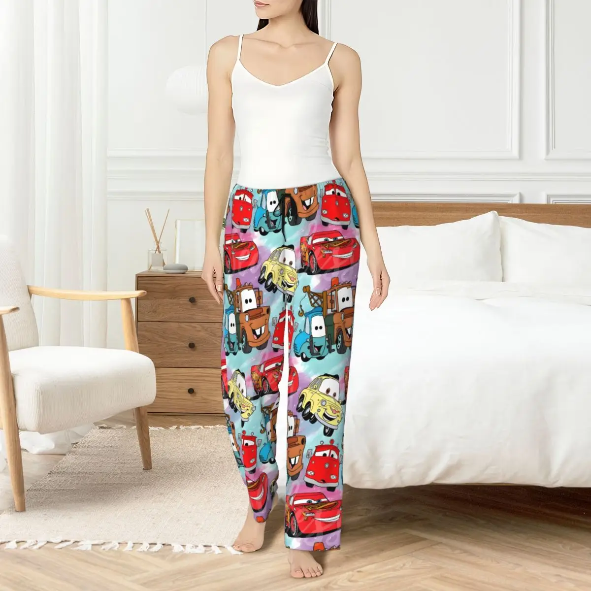 

Custom Women Lightning McQueen Pajama Pants Printed A speeding race car Sleep Sleepwear Bottoms with Pockets
