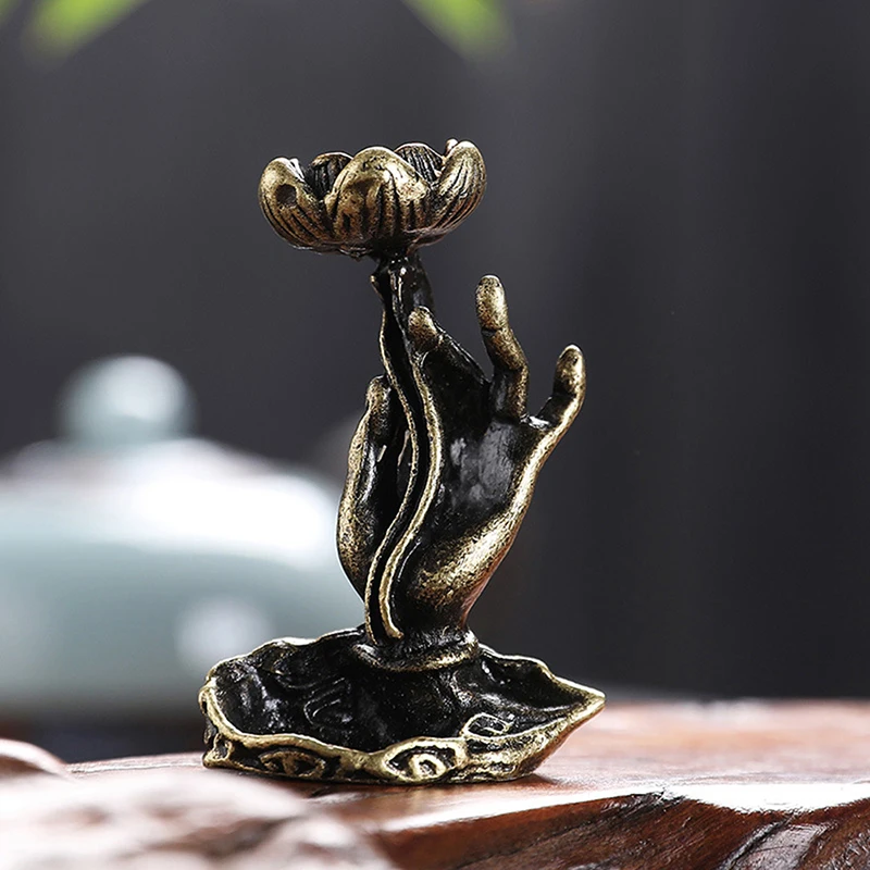 Retro Pure Copper Backflow Incense Buddha Hand Lotus Brass Incense Frame Incense Zen Tea Ceremony Table Tea Table Furnishings