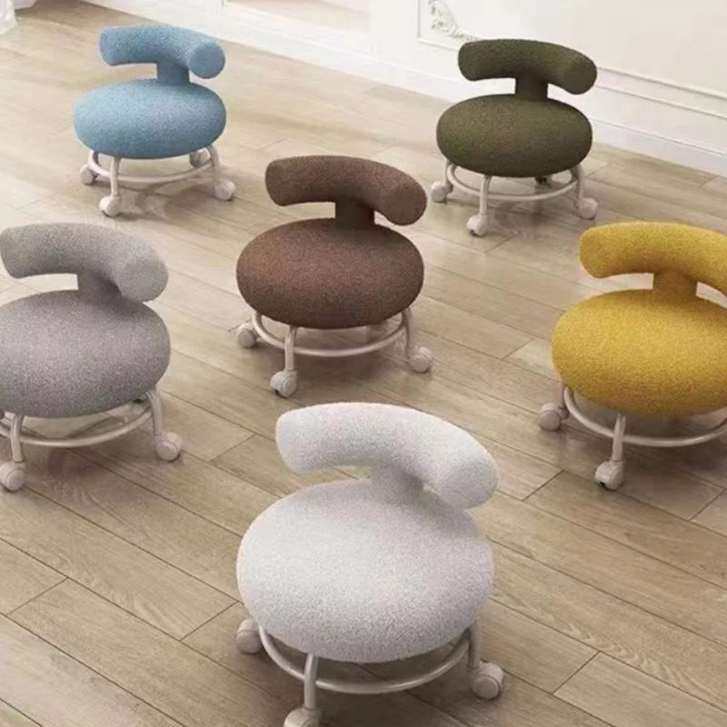 #¥Lambskin Low Chair Household Round Stool Movable Shoe-changing Stool with Backrest