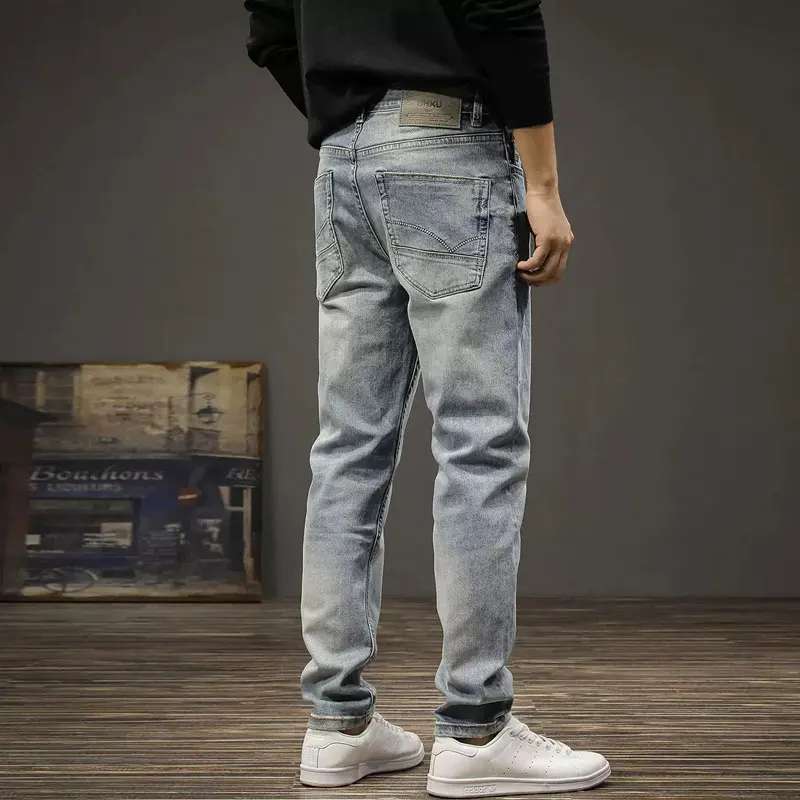 Fashion Designer Men Jeans Retro Light Blue Stretch Elastic Slim Fit Ripped Jeans Men Vintage Trousers Casual Denim Pants Hombre