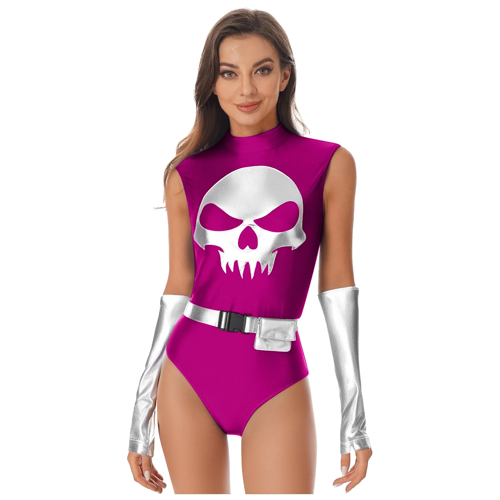 

Women Halloween Skull Print Cosplay Bodysuit with Belt And Fingerless Gloves Sleeveless Back Hollow-out Slim Leotard 3-piece Set