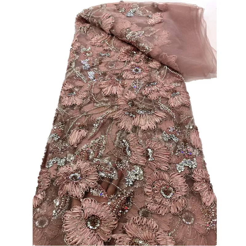 

New Design French African Beads Mesh Lace Fabric High Quality Nigerian Sequins Tulle Emboridery Lace For Dresses Party Wedding