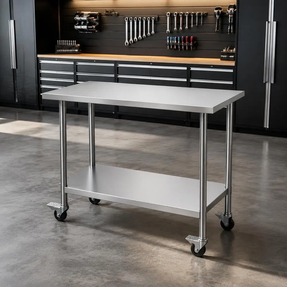 Table de travail en acier inoxydable 1524 x 762 x 954 cm avec quatre roues et trois niveaux de hauteur réglables, structure robuste et stable, facile à assembler pour la préparation alimentaire dans les cuisines