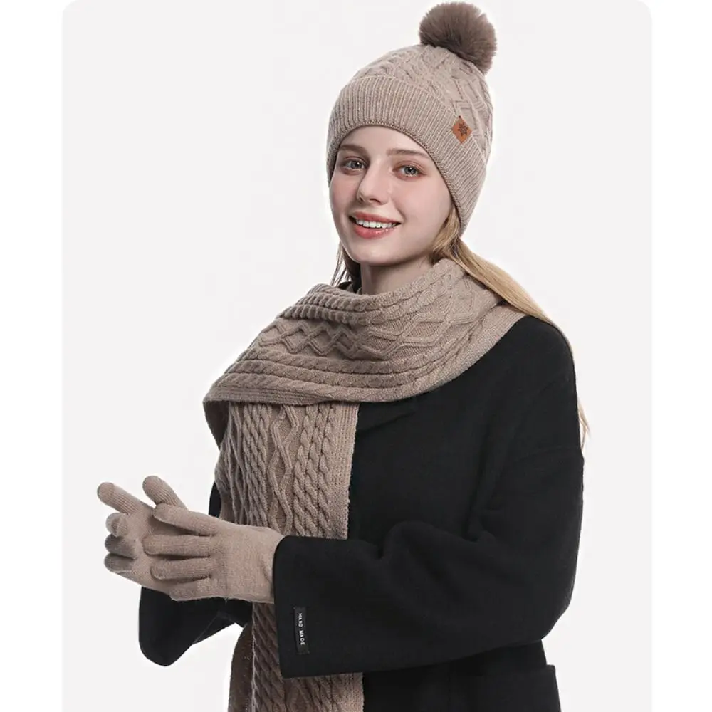 Thermal Protection 3-Piece Set Hat Scarf Gloves Set Twist Thermal Warm Knit Cap Wool Solid Color Winter Beanie Hat Cold Weather